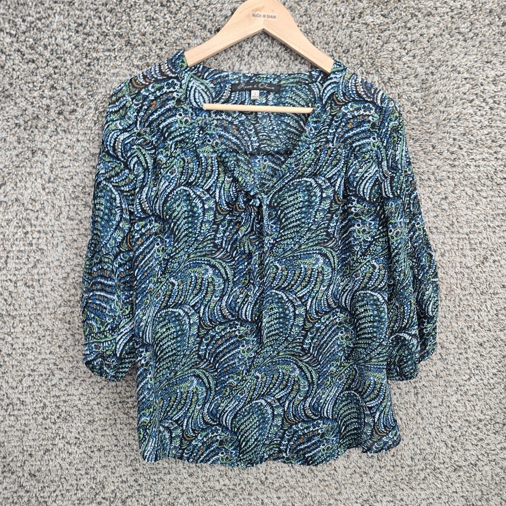 Rose & Olive Top Womens Small Blue‎ Printed Sheer Neck Tie Blouse Casual Ladies